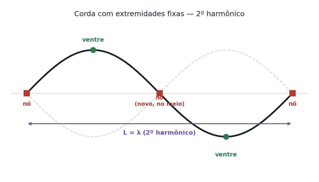 Corda com as duas extremidades fixas vibrando no segundo harmônico: nós nas duas extremidades e um nó adicional no meio, com dois ventres (um em cada metade da corda), formando uma onda completa ao longo de toda a corda.