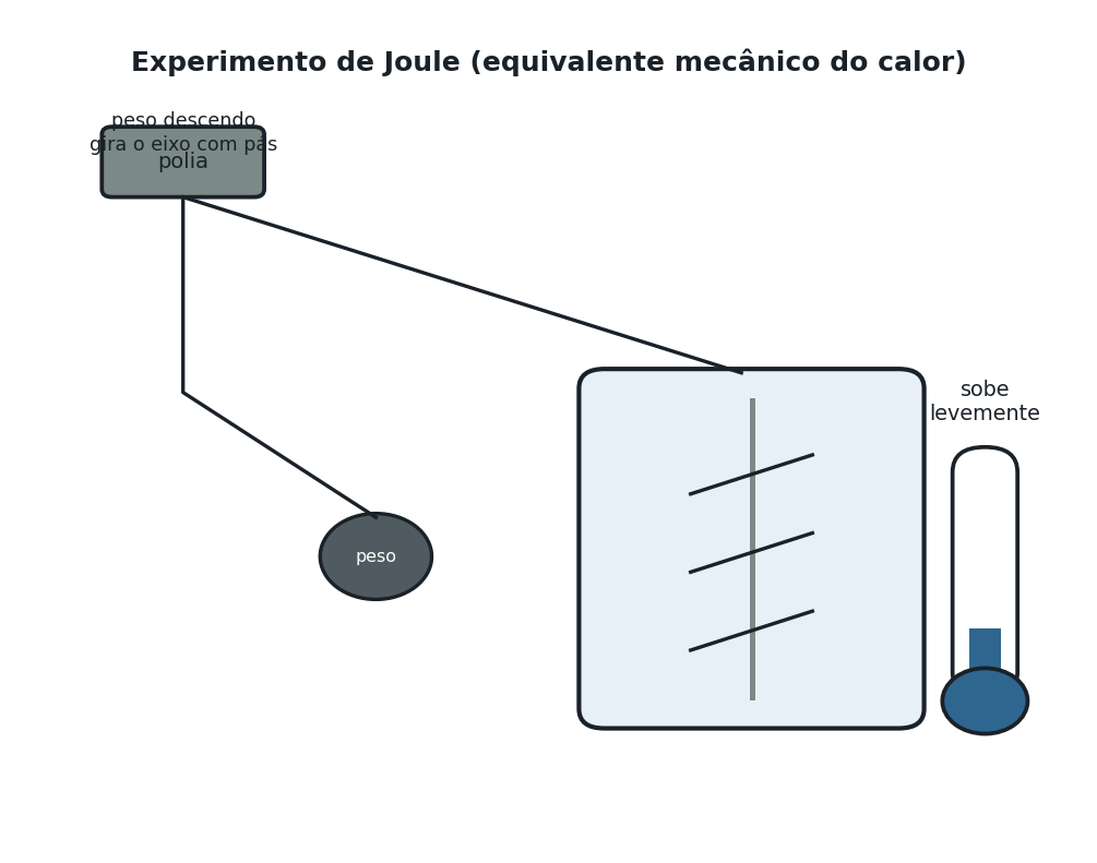 Esquema do experimento de Joule: um peso preso a uma corda que passa por uma polia no alto, descendo e girando um eixo com pás dentro de um recipiente fechado e isolado termicamente contendo água. Um termômetro inserido no recipiente indica a temperatura da água, que sobe ligeiramente à medida que o peso desce e as pás agitam o líquido.