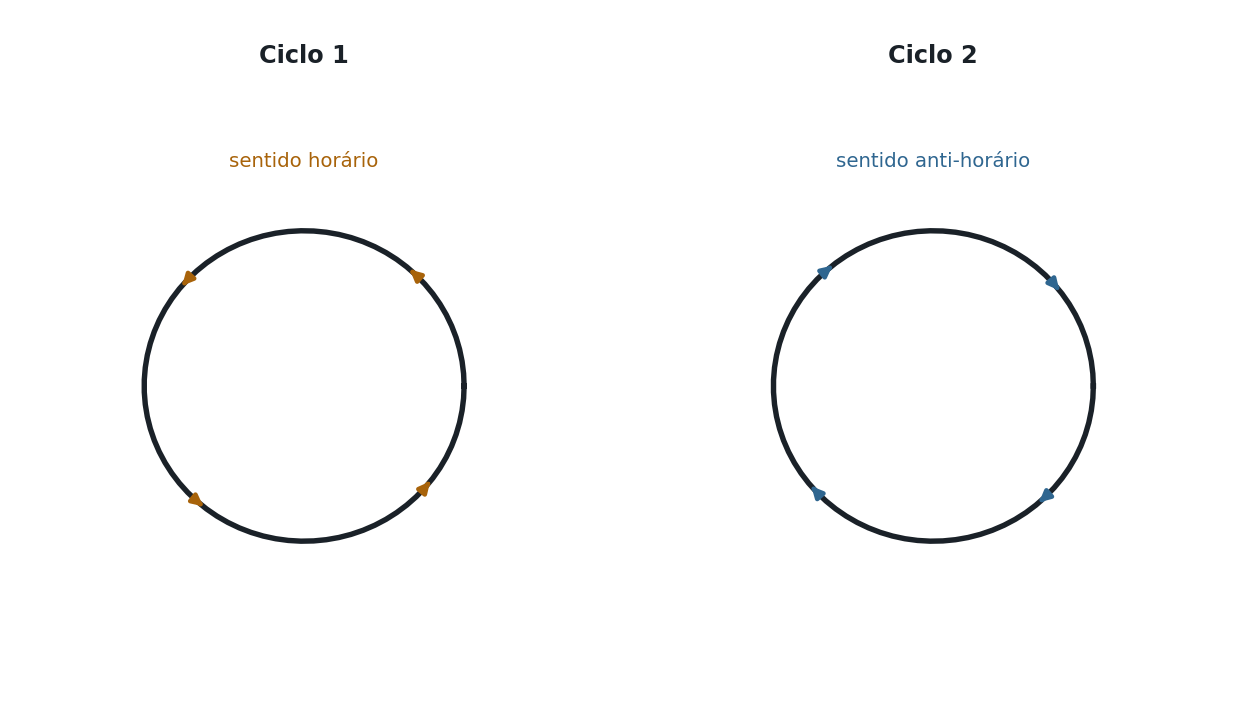 Dois diagramas pressão-volume lado a lado, cada um com o mesmo contorno fechado em formato oval: no primeiro (ciclo 1), setas ao longo do contorno indicam o sentido horário do percurso; no segundo (ciclo 2), setas ao longo do mesmo contorno indicam o sentido anti-horário.