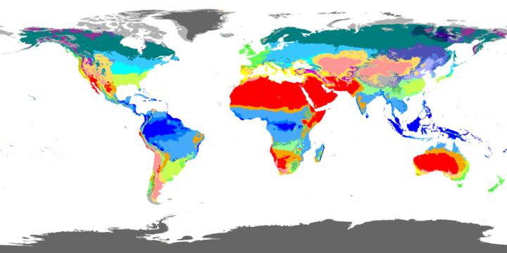 Mapa-múndi da classificação climática de Köppen-Geiger (1980-2016), sem legenda: azul nos trópicos úmidos, vermelho e bege nas áreas secas
