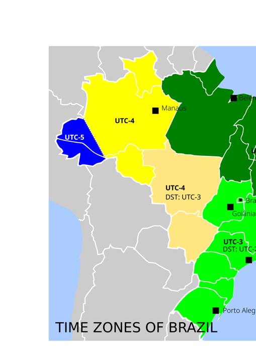 Mapa dos fusos horários do Brasil, com a diferença em relação a UTC (legenda em inglês)