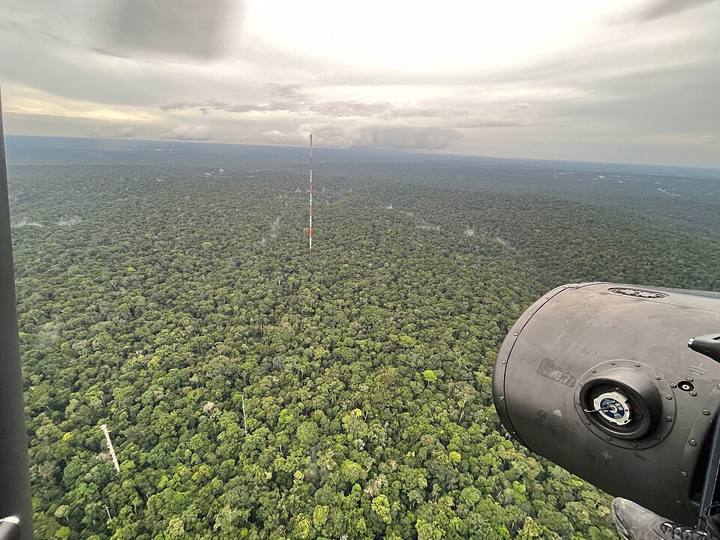 Torre de pesquisa sobre a floresta amazônica, usada para medir trocas entre floresta e atmosfera