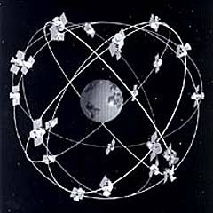 Ilustração da constelação de satélites do GPS em órbita da Terra