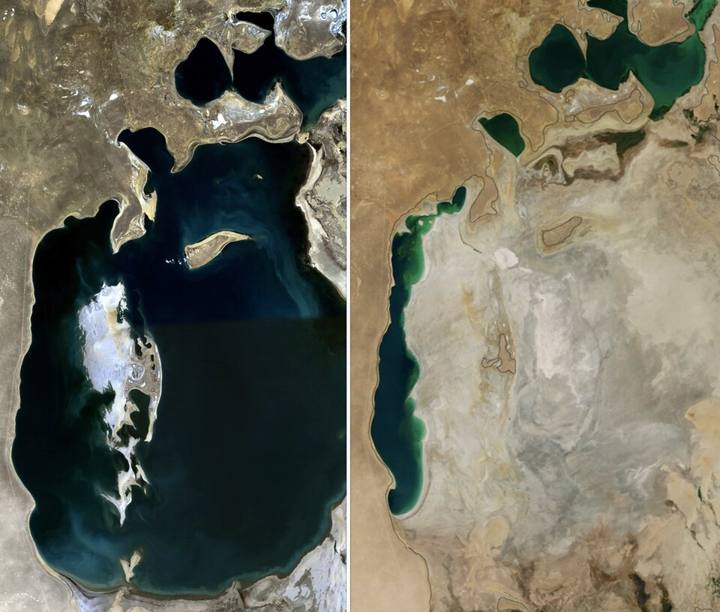 Imagens de satélite do mar de Aral em 1989 (esquerda) e em 2014 (direita)