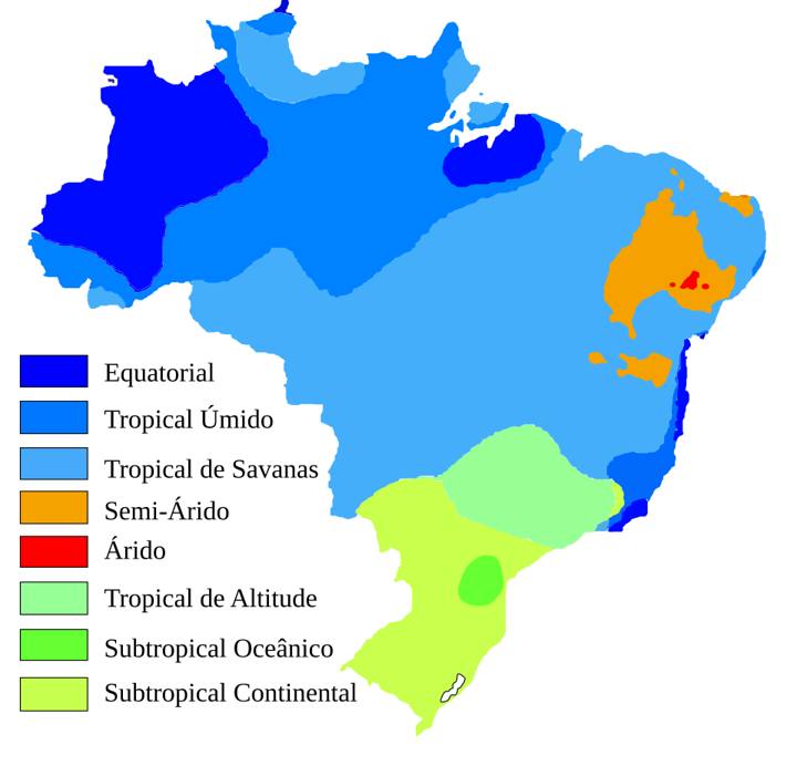 Mapa dos climas do Brasil: Equatorial, Tropical Úmido, Tropical de Savanas, Semiárido, Árido, Tropical de Altitude, Subtropical Oceânico e Subtropical Continental