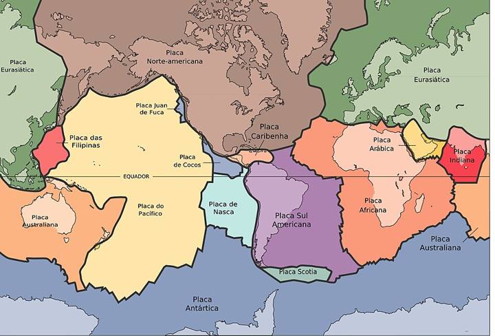 Mapa das principais placas tectônicas, com nomes em português