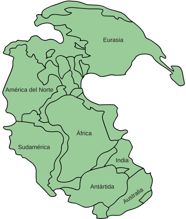 Mapa da Pangeia, com os continentes atuais encaixados (legenda em espanhol)