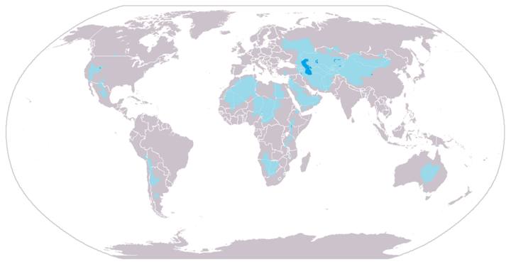 Mapa-múndi com as principais bacias endorreicas em destaque (áreas azuis)