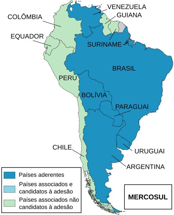 Mapa da América do Sul destacando os países do Mercosul