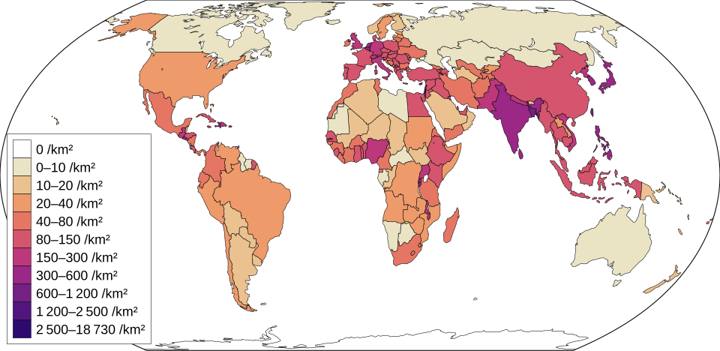 Mapa-múndi da densidade demográfica por país