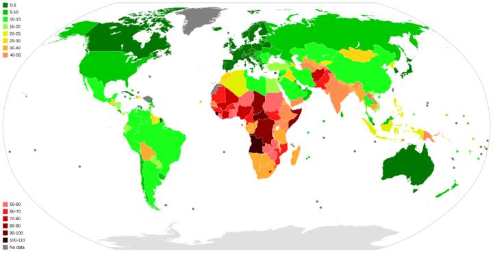 Mapa-múndi da mortalidade infantil por país