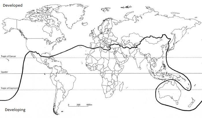 Mapa-múndi com a Linha Brandt separando o Norte desenvolvido do Sul em desenvolvimento