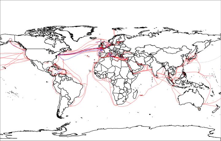 Mapa-múndi dos cabos submarinos de telecomunicações