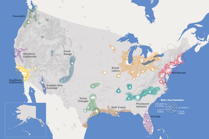 Mapa das megarregiões urbanas dos Estados Unidos
