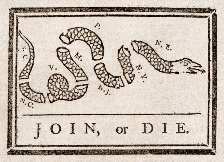 Charge "Join, or Die" (Junte-se ou morra), de Benjamin Franklin (1754)