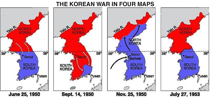 Mapa das fases da Guerra da Coreia (1950-1953)