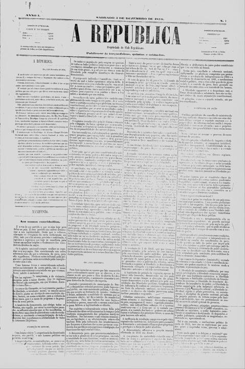 Primeira página do jornal A República, de 3 de dezembro de 1870, que publicou o Manifesto Republicano