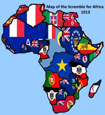 Mapa da África em 1913, com os territórios de cada potência europeia em cores diferentes