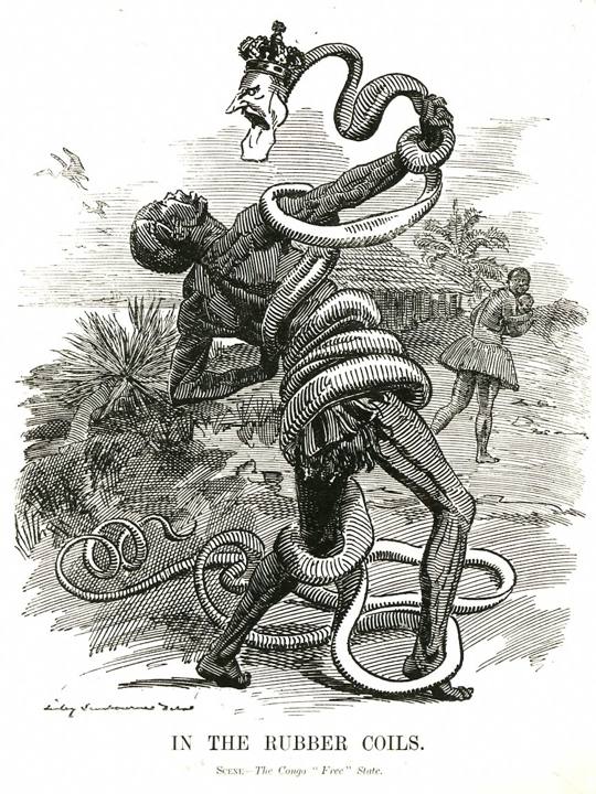 Charge da revista Punch (1906): uma serpente com a cabeça do rei Leopoldo II enrola um nativo do Congo