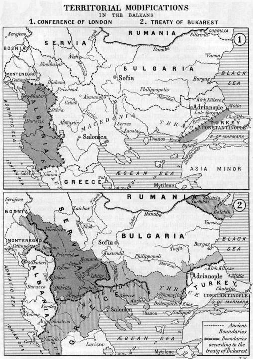 Mapas das mudanças de fronteira nos Bálcãs após as Guerras Balcânicas (1912-1913), com legenda em inglês