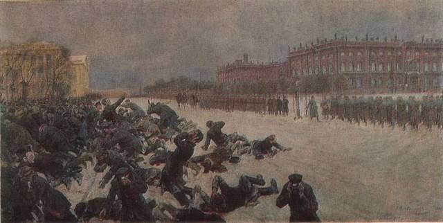 Soldados atiram em trabalhadores diante do Palácio de Inverno no 'Domingo Sangrento' (1905), pintura de Ivan Vladimirov