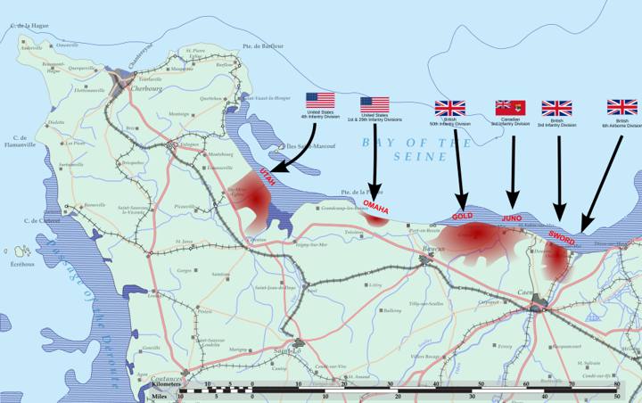 Mapa dos desembarques aliados na Normandia em 6 de junho de 1944